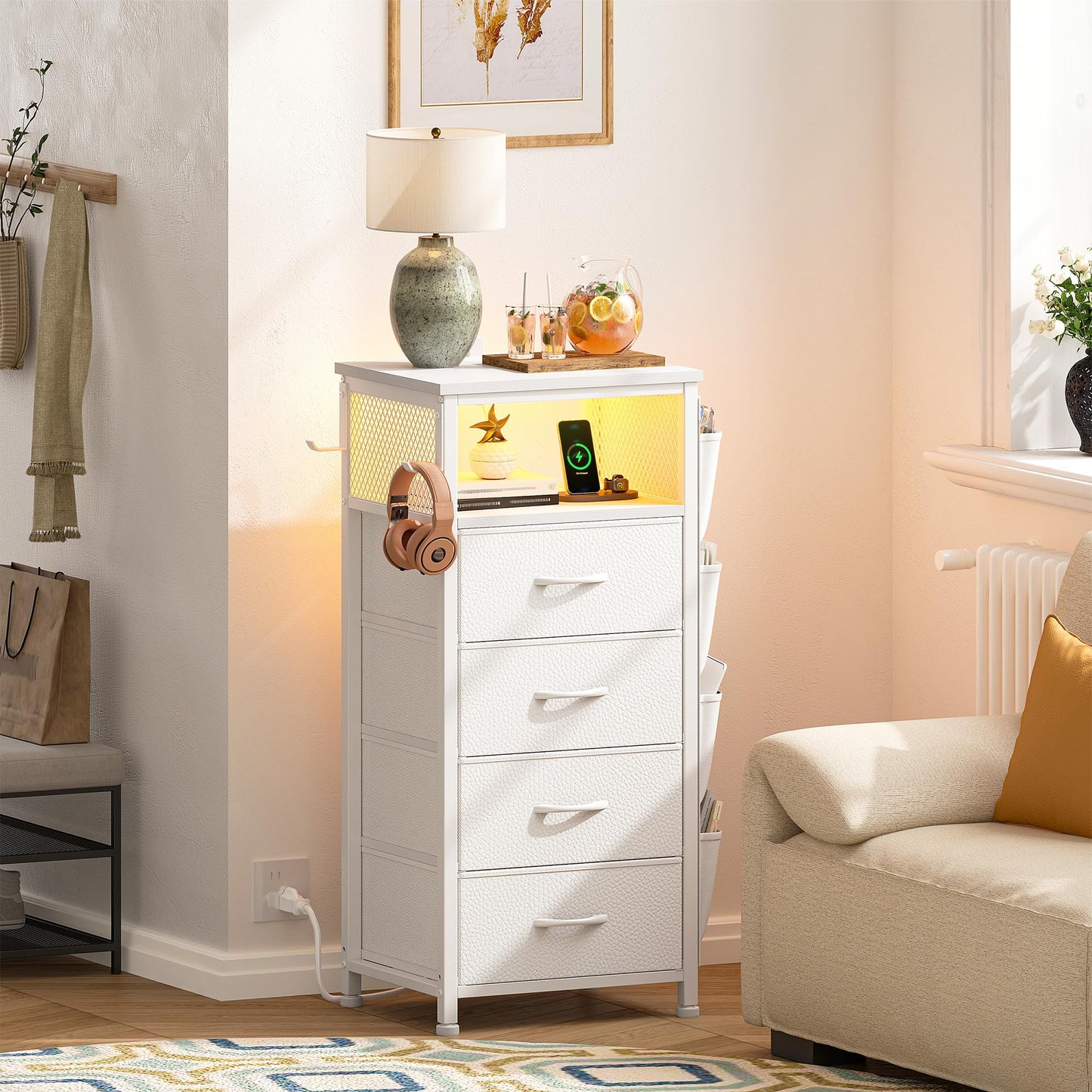 White Nightstand Set of 2,LED Night Stand with Charging Station,Fabric Dresser for Bedroom, Hallway, Entryway, Living Room, Closet, Sturdy Steel Frame, Wood Top, Cloth Bags, Hooks, White