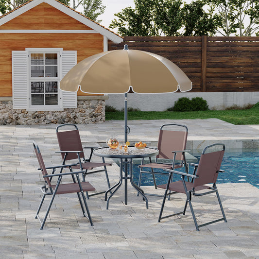6 Pieces Outdoor Dining Set With Umbrella, Patio Table and 4 Folding Chairs With Umbrella, Garden Patio Furniture Set With Umbrellas, Tempered Glass Top Dining Table