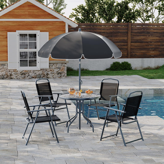 6 Pieces Outdoor Dining Set With Umbrella, Patio Table and 4 Folding Chairs With Umbrella, Garden Patio Furniture Set With Umbrellas, Tempered Glass Top Dining Table