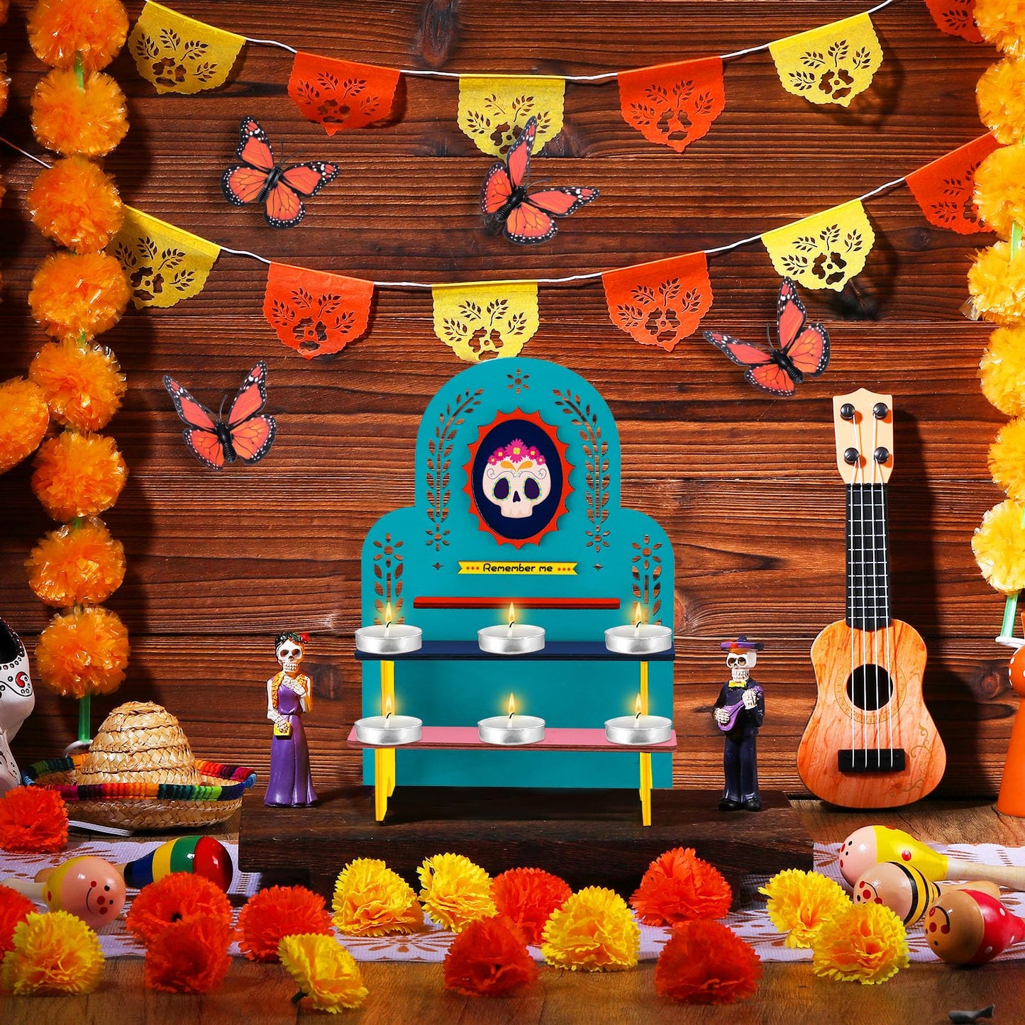 Weysat Dia De Los Muertos Altar Ofrenda Mini Wooden Papel Picado Ofrenda Altar with Photo Frame Day of the Dead Remembrance Supplies Dia De Los Muertos Decorations