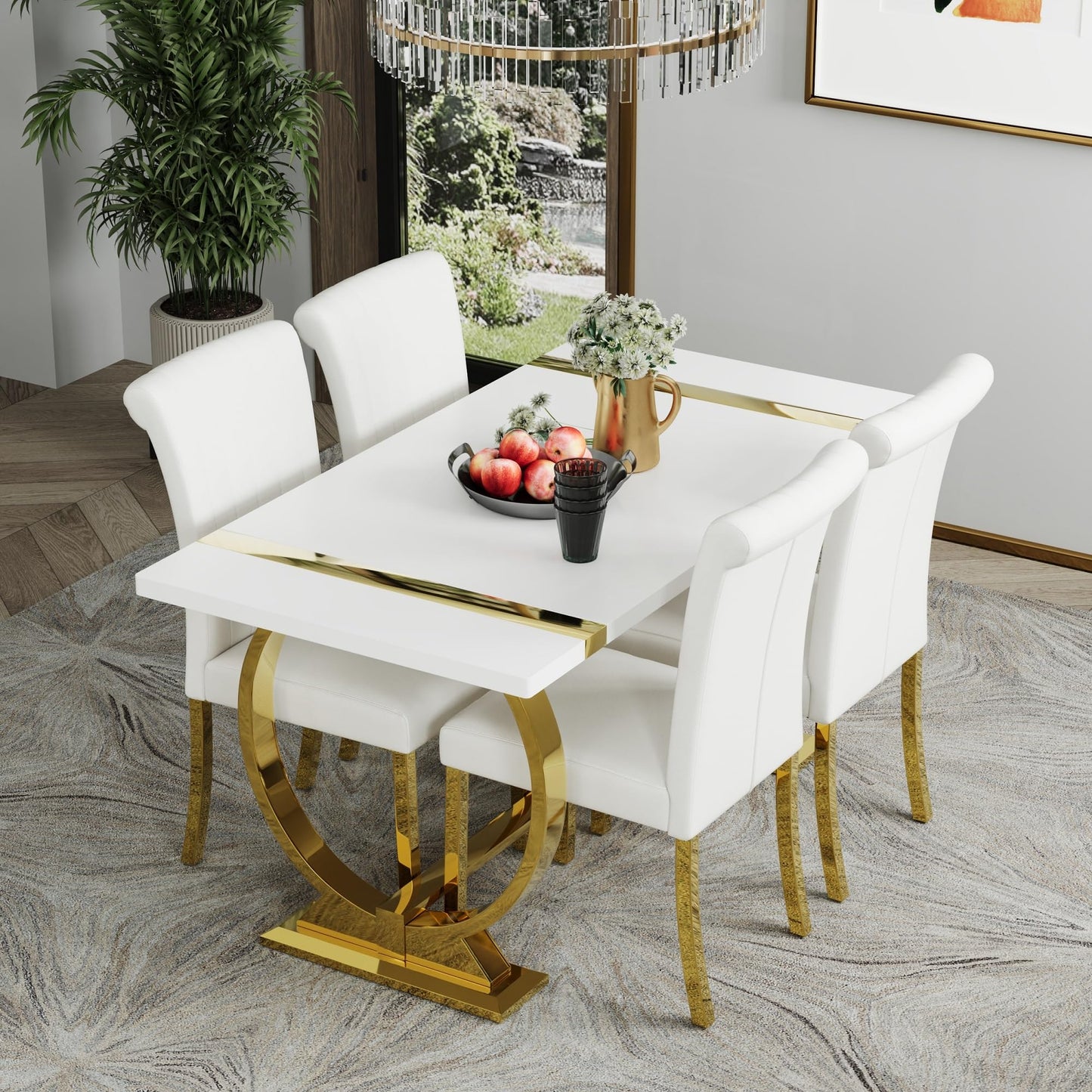 ACEDÉCOR 60" White and Gold Dining Table, Modern Luxury Kitchen Room Table with Rectangular Gloss Lacquer Top and Gold Stainless Steel U-Shaped Base
