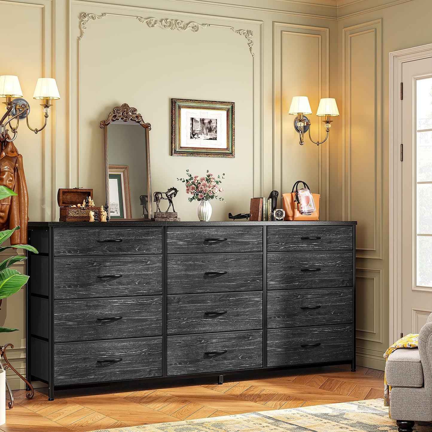55" Long Dresser for Bedroom with 12 Fabric Drawers, Entertainment Center for 60 inch TV Dressers & Chests of Drawers Large Storage Organizer for Closet, Living Room, Metal Frame, Wood Top, Black