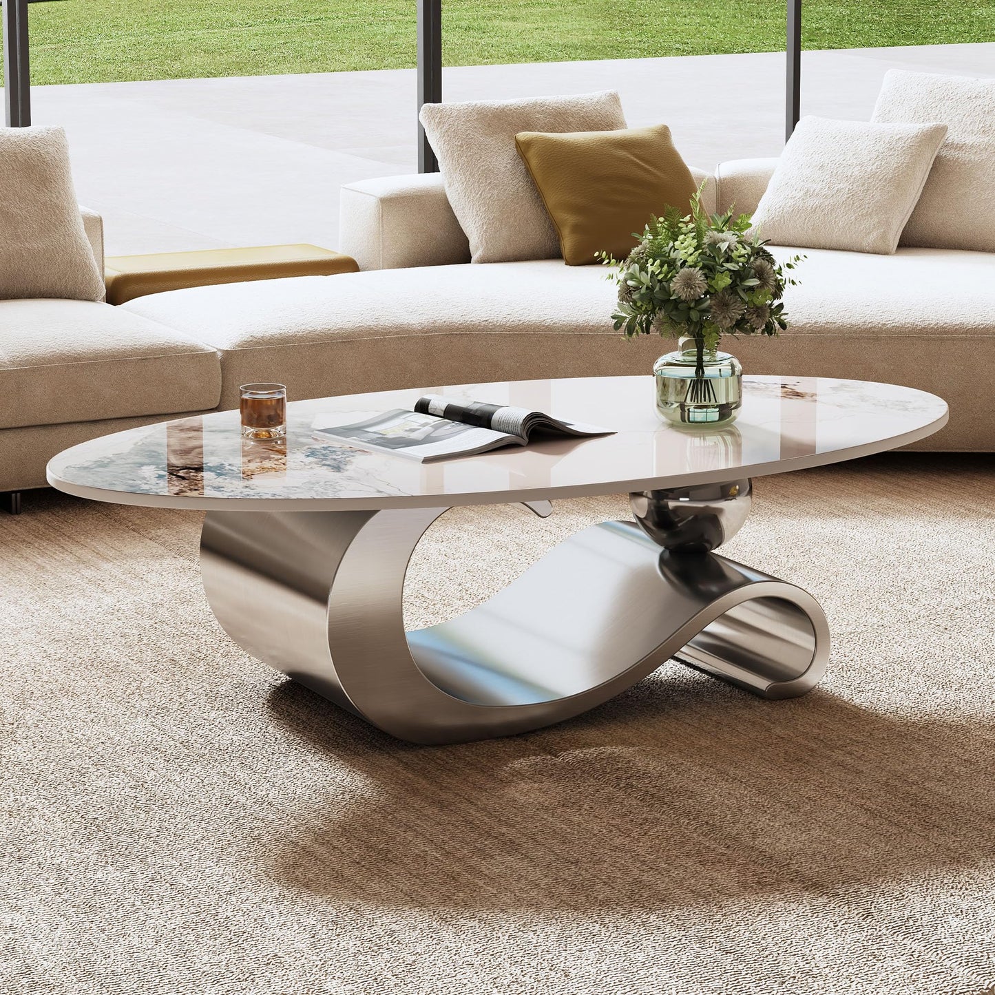 49.2" Oval Coffee Table Modern White Faux Marble Coffee Tables for Living Room Luxury Center Table Accent Cocktail Tea Table with Silver Geometric Stainless Steel Base for Home Office