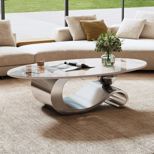 49.2" Oval Coffee Table Modern White Faux Marble Coffee Tables for Living Room Luxury Center Table Accent Cocktail Tea Table with Silver Geometric Stainless Steel Base for Home Office