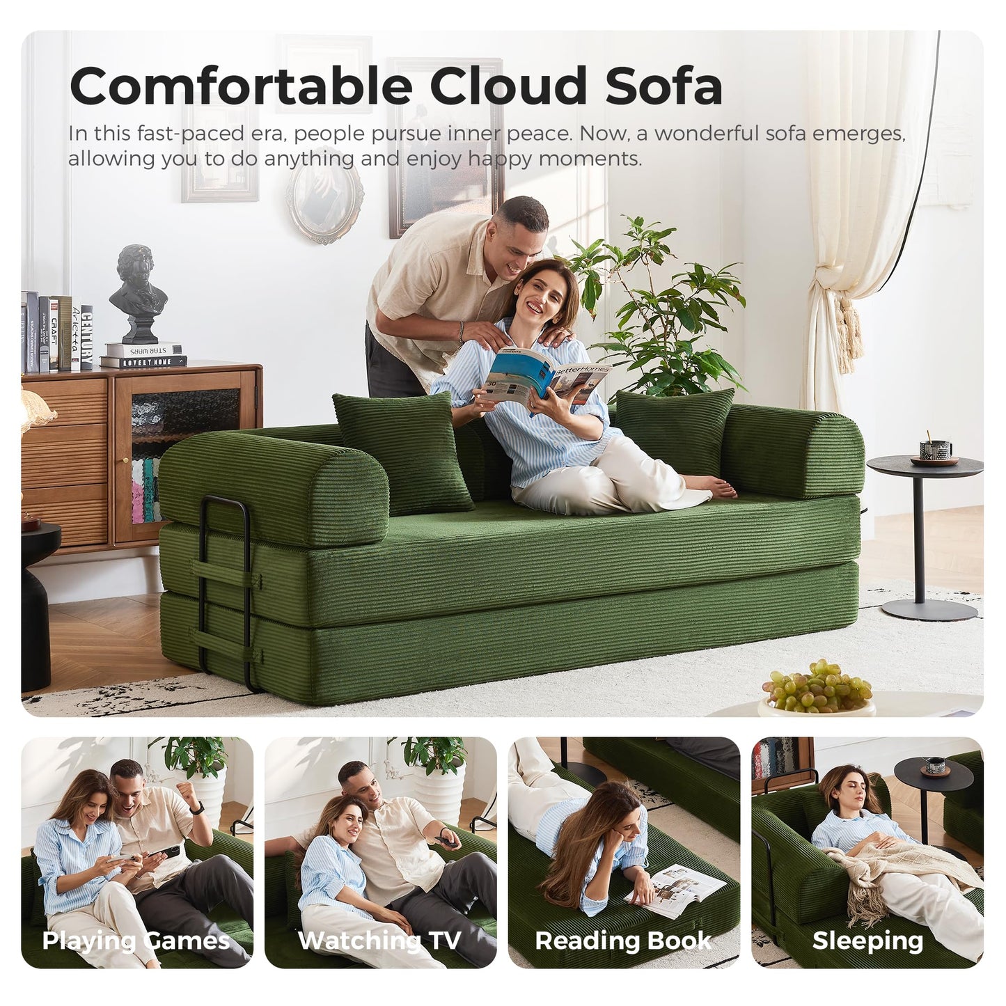 79'' Convertible Sofa Bed, Modular Couch Bed for Small Spaces with 2 Pillow, Corduroy Fabric Sofa with Plush Memory Foam, Floor Sofa Lounge Couch for Living Room Bedroom Lounge Studio（Dark Green）