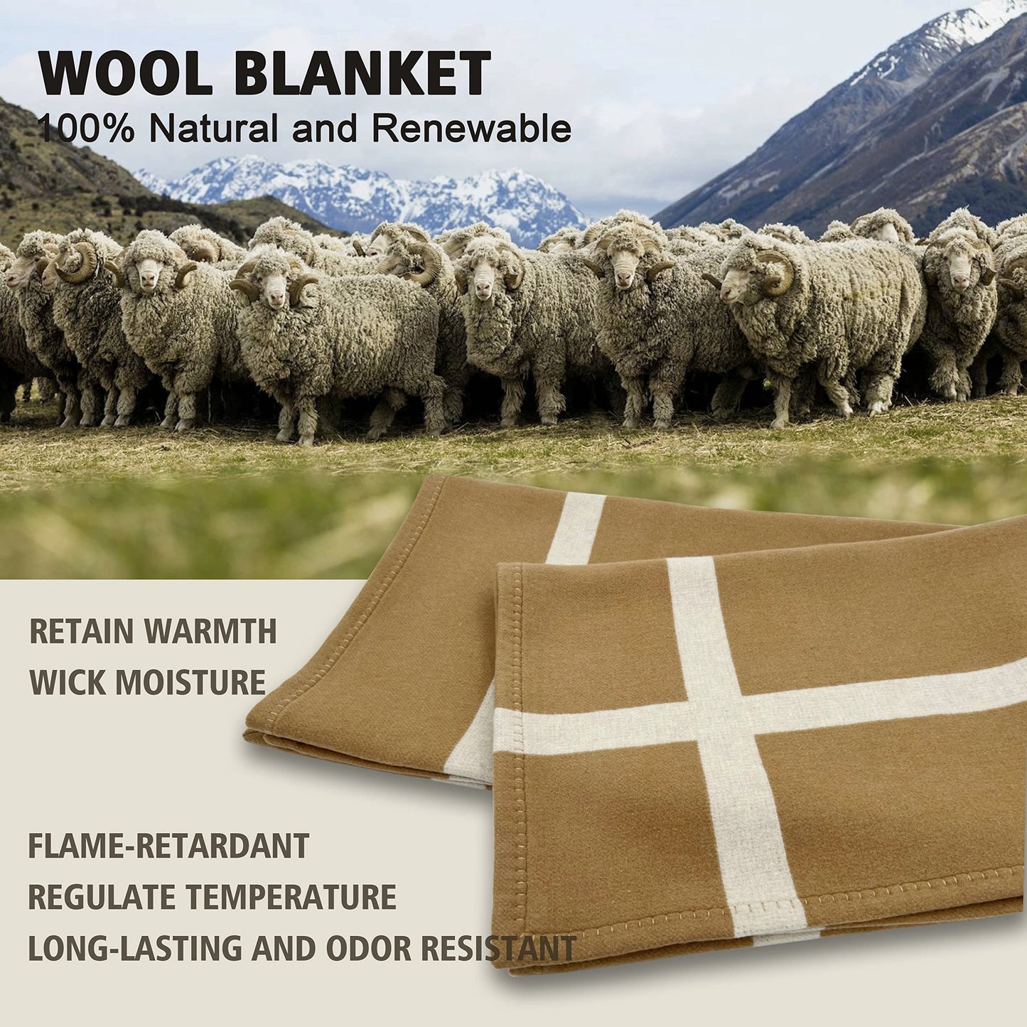 Wool Blanket & Throws 90% Wool Warm Blanket Soft Couch Blankets 75"x55" Twin Throw Blankets for Living Room, Camping, Outdoors, or Car Travel with Exquisite Box for Gift (Camel)