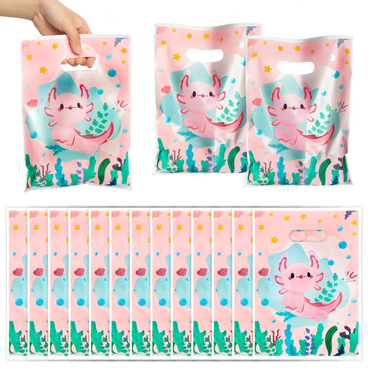 3sscha 50Pcs Axolotl Party Favor Bags Amphibian Themed Waterproof Goodie Bag with Die Cut Handles Reptile Animals Water Plants Plastic Candy Gift Pack for Baby Girl Birthday Baby Shower Decors Supplies