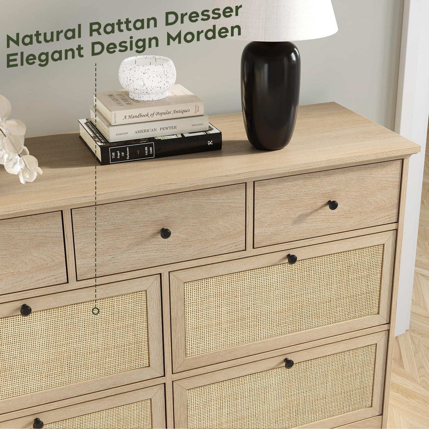 Yechen 7 Drawers Natural Rattan Dresser for Bedroom, Mid-Century Modern Natural Wood Dressers with Elegant Tabletop, Boho Chest of Drawers TV Stand with Sturdy Base for Living Room, Baby Nursery