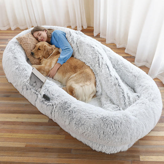 WROS Human Dog Bed - 71"x45"x12" Fits You & Pets, Washable Faux Fur, Orthopedic, Plump Pillow, Blanket, Strap - Grey