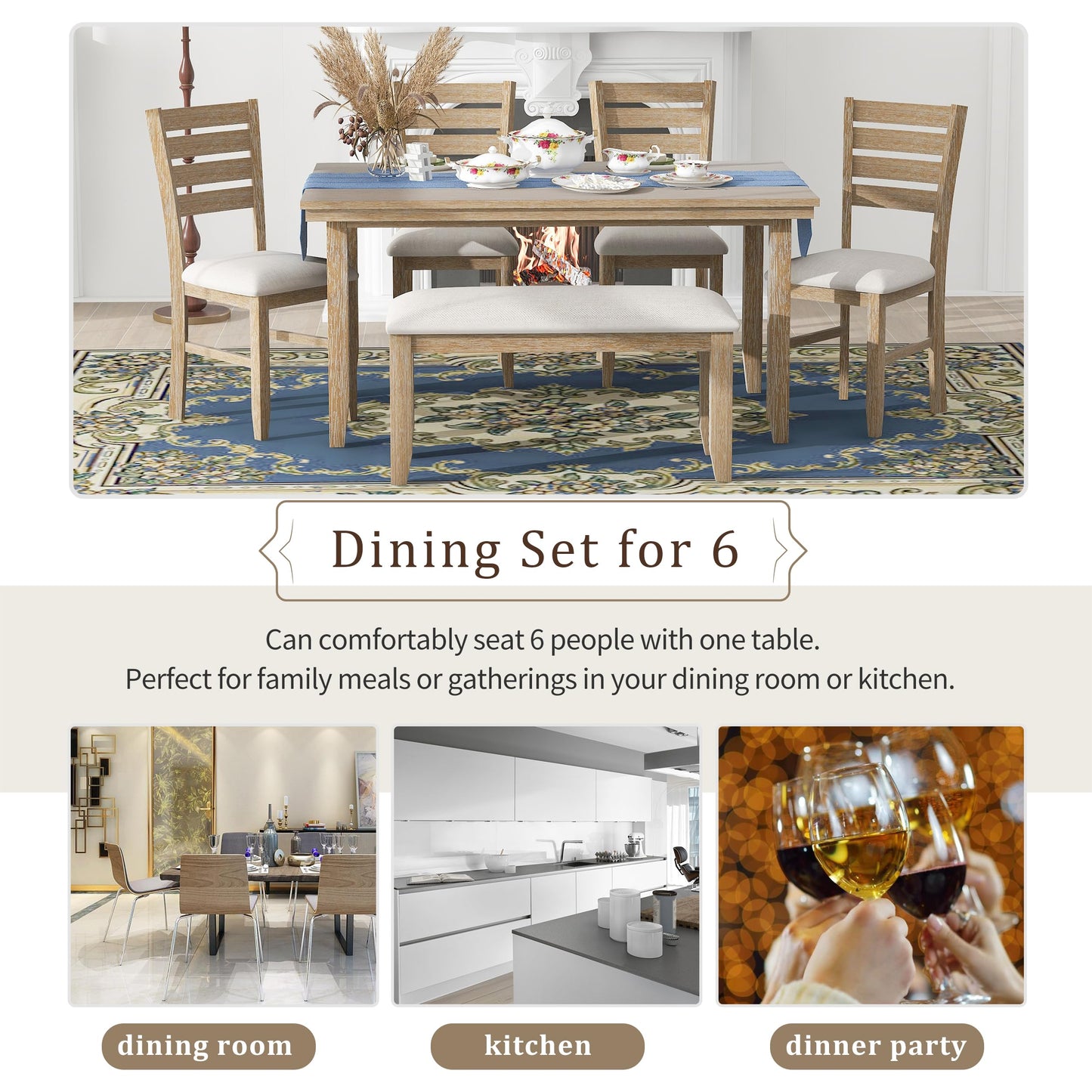 6-Piece Dining Table Set with Bench for 6 Rectangular Kitchen Table Set with 4 Chairs & Bench Retro Dining Room Table and Chairs for Kitchen, Dining Room (Natural)