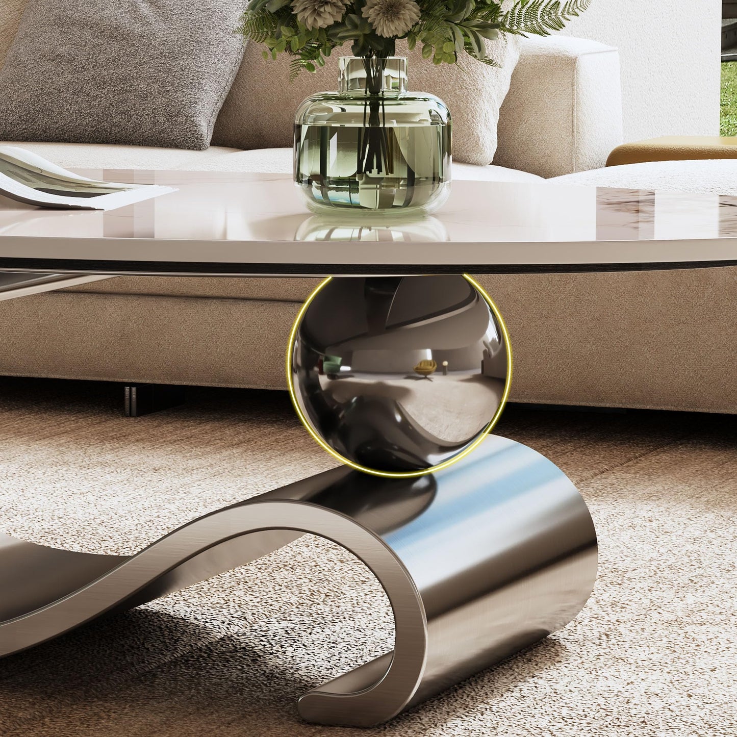 49.2" Oval Coffee Table Modern White Faux Marble Coffee Tables for Living Room Luxury Center Table Accent Cocktail Tea Table with Silver Geometric Stainless Steel Base for Home Office