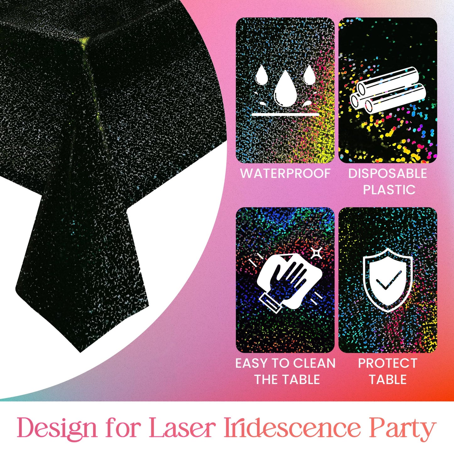 1 Pcs Black Holographic Laser Tablecloth Galaxy Space Table Cloth 40 * 108 Inch Shimmer Star TableCover for Halloween Birthday Graduation Neon Party Supplies Disposable Plastic Foil Table Decor