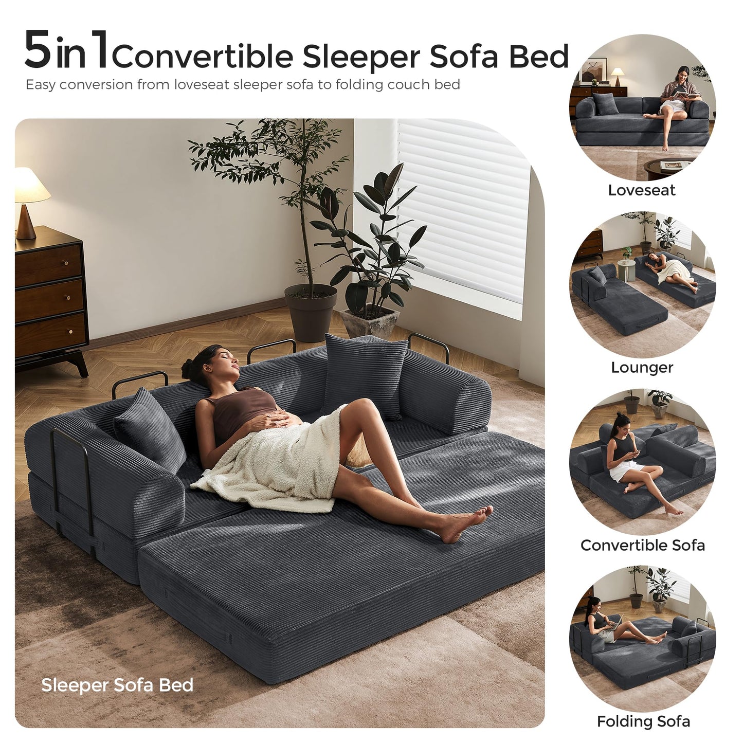 79" Convertible Sofa Bed with Fixed-Shape Frame & Removable Armrests, Modular Corduroy Sleeper Sofa, Folding Mattress Couch for Small Spaces - No Assembly Needed in Dark Gray (Includes 2 Pillows)