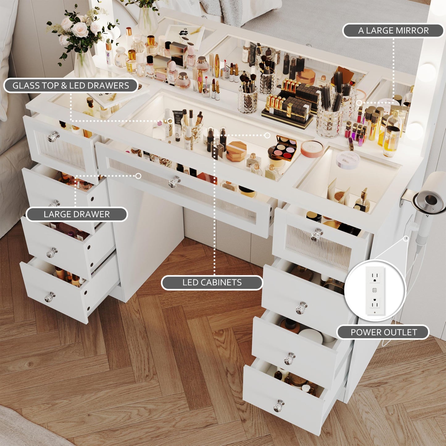 9 Drawers Makeup Vanity Desk with 36.9" Oversized Mirror and Lights, Vanity with Tempered Glass Top, Girls Make up Dressing Table with Power Outlet & 3 LED Lighted Acrylic Drawers Bedroom, White