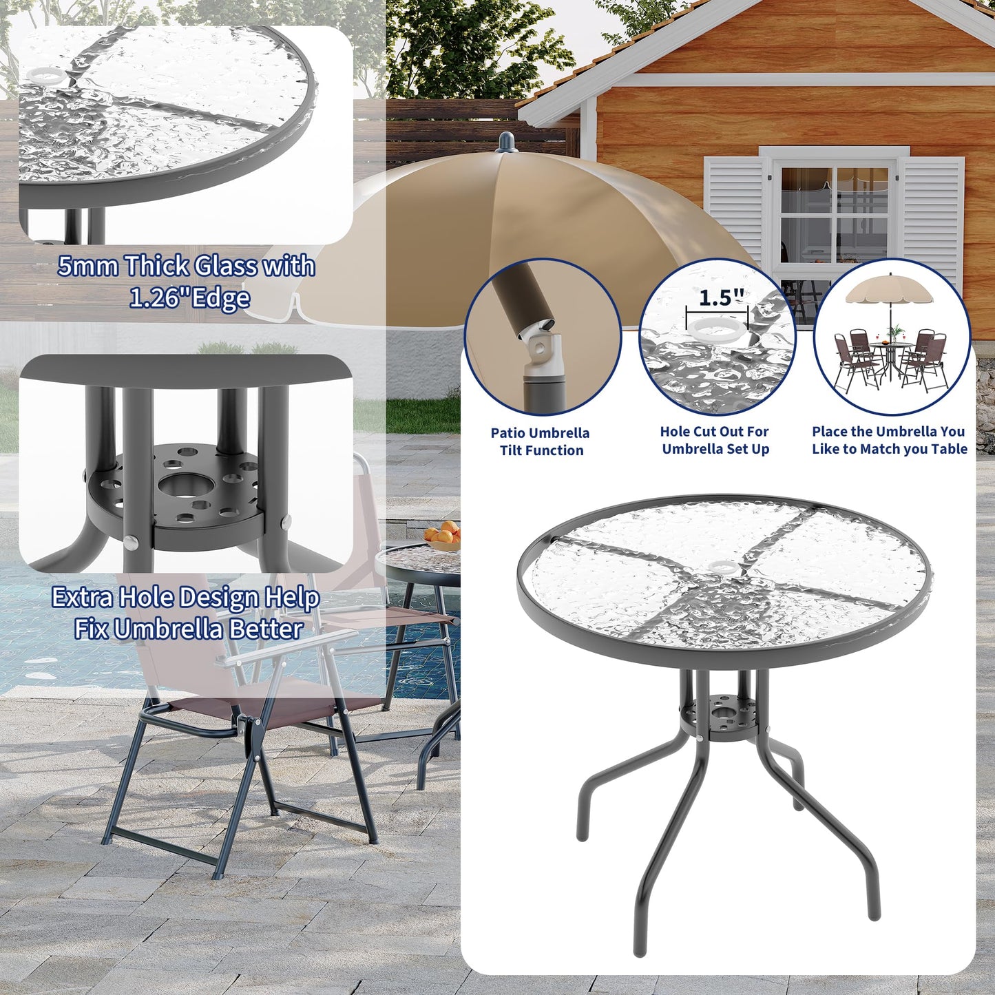 6 Pieces Outdoor Dining Set With Umbrella, Patio Table and 4 Folding Chairs With Umbrella, Garden Patio Furniture Set With Umbrellas, Tempered Glass Top Dining Table