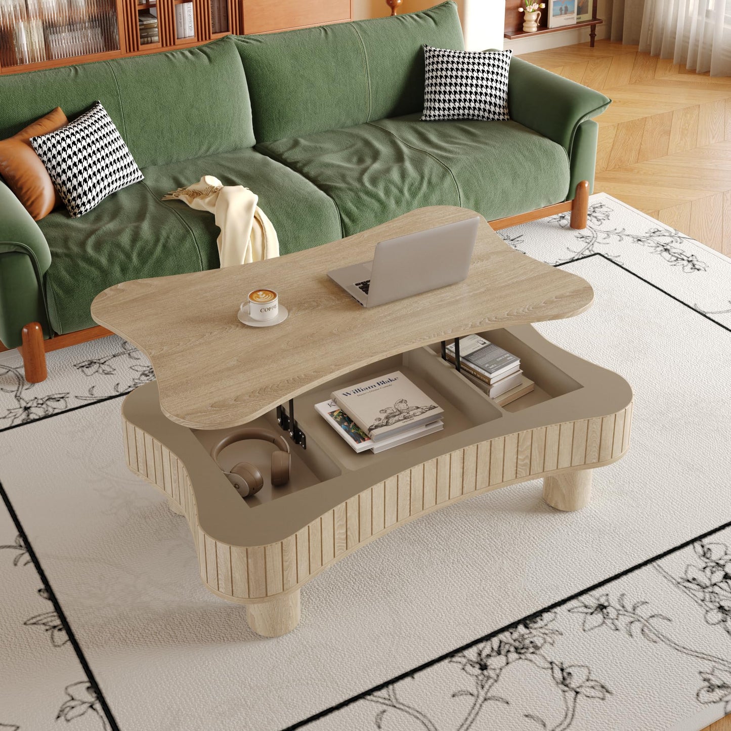 42'' Fluted Lift-top Coffee Table, Modern Butterfly Coffee Table Accent Tea Table with Hidden Storage and Adjustable Height for Living Room, Bedroom, Apartment or Office