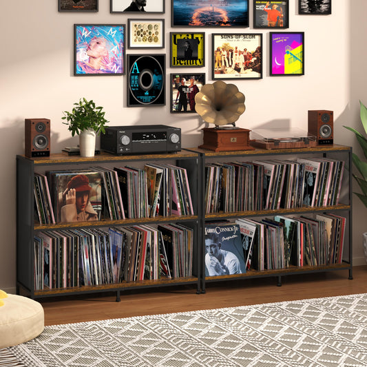 3-Tier Vinyl Record Storage: Vintage Player Table with Spacious Storage - Up to 450 Records, Turntable Stand with Adjustable Dividers, Extra Top Surface for Audio Equipment, Perfect for Living Room