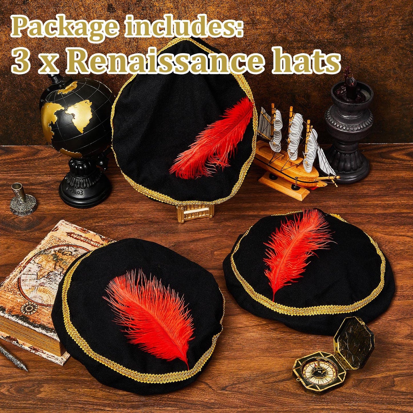 3 Pcs Renaissance Hat Black Medieval Hat Red Feather Minstrel Costume Cap Renaissance Costume Accessory Party Cosplay Supply for Men Women Adult