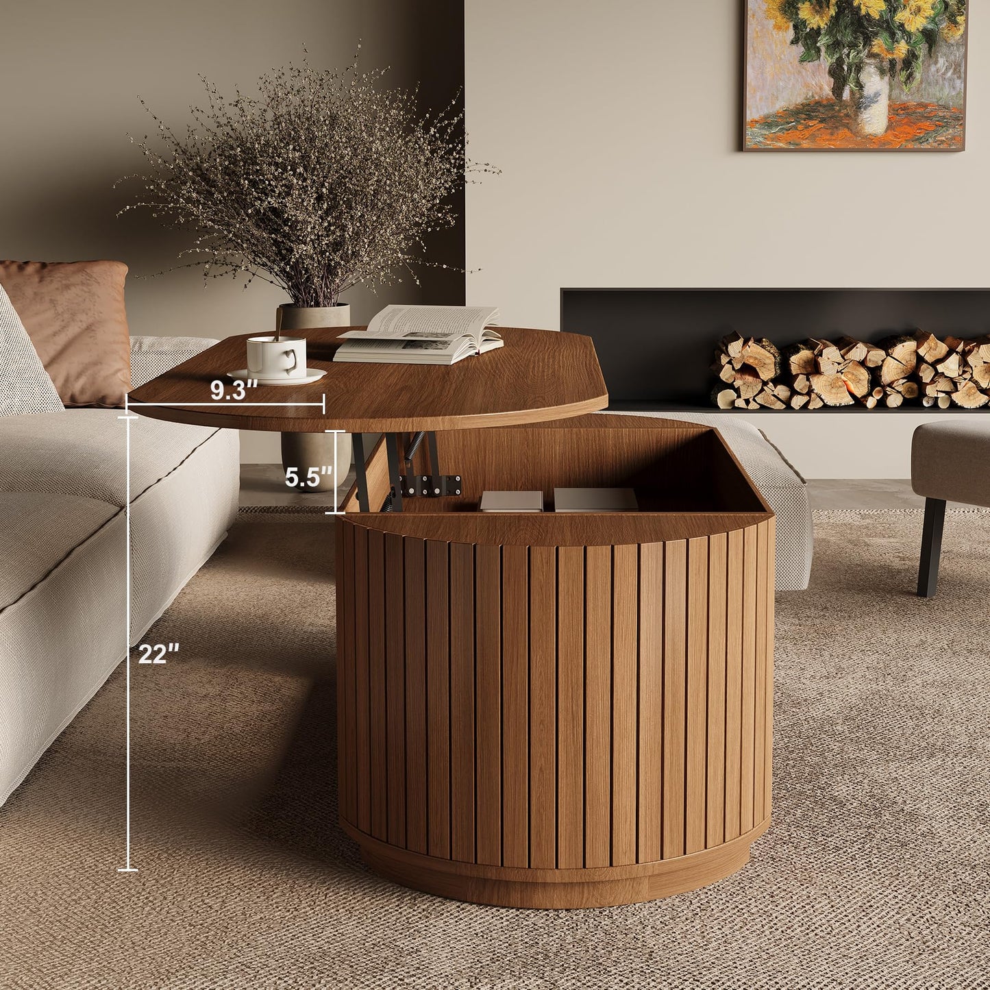 47-Inch Lift Top Wood Coffee Table with Hidden Storage Compartment and Open Shelf for Living Room, Fluted Oval Center Tea Table with Wooden Lift-Top for Apartment, Small Space, Light Brown Oak