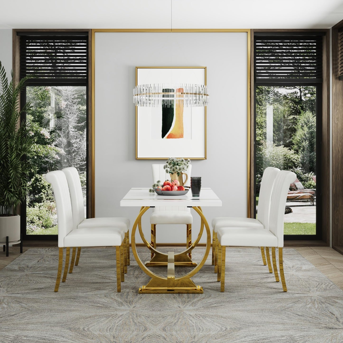 ACEDÉCOR 60" White and Gold Dining Table, Modern Luxury Kitchen Room Table with Rectangular Gloss Lacquer Top and Gold Stainless Steel U-Shaped Base
