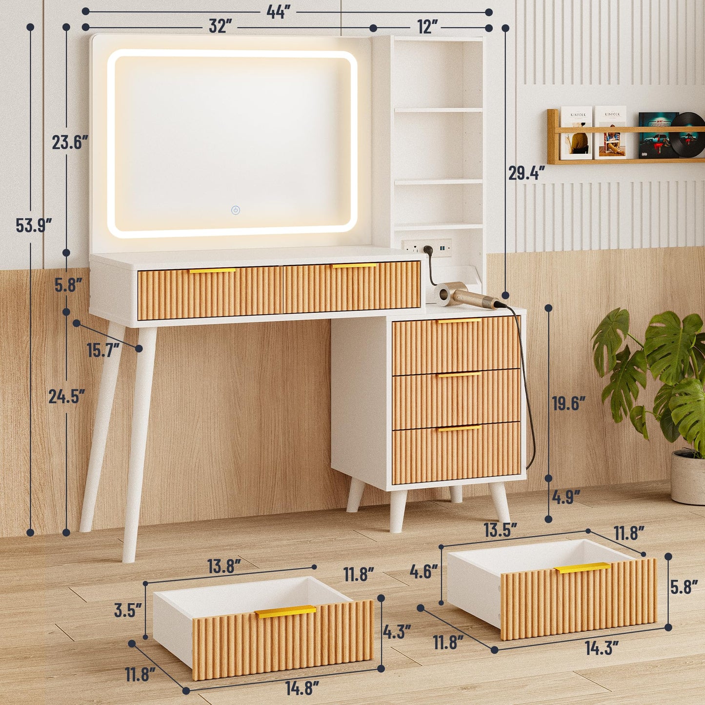 44" Vanity Desk with Mirror and Lights, Makeup Vanity Desk with Power Outlet, Makeup Desk with 5 Drawers&Storage Shelves, Vanity Table 3 Color Adjustable Brightness Dressing Table Set for Bedroom