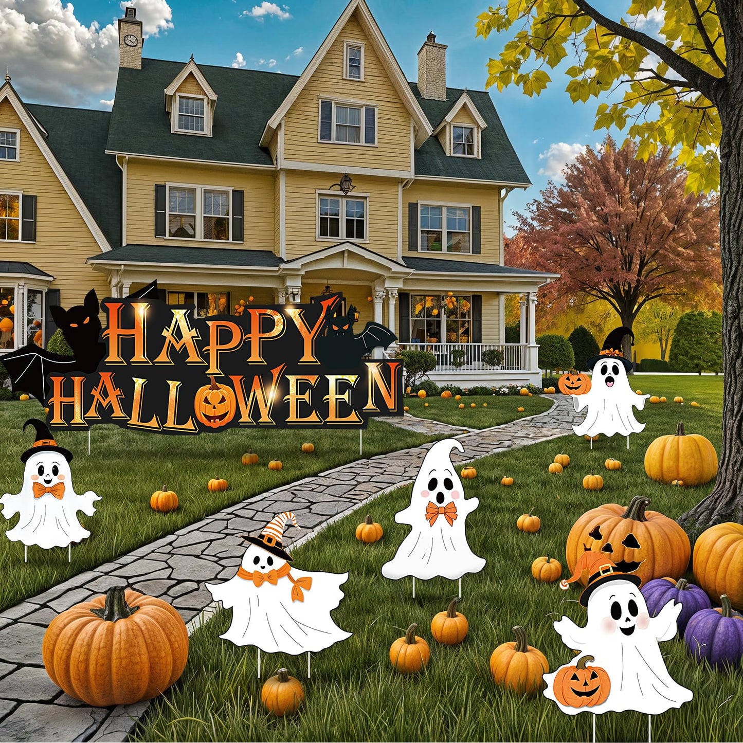 Woosytoo 6Pcs Cute Ghost Halloween Yard Signs with Stakes, Multicolor, Plastic, 14 Stakes, Lawn Signs, Happy Halloween