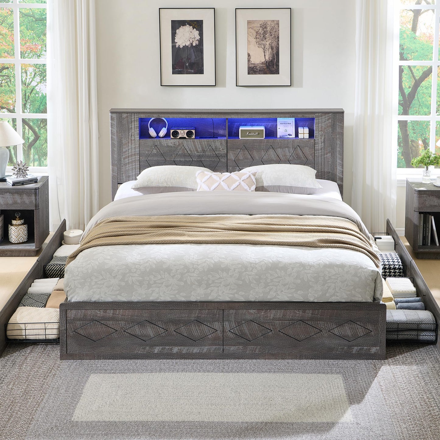 ACCOHOHO Queen Size Bed Frame with 47" Tall Storage Bookcase Headboard, Modern Wood Platform Bed with 4 Drawers, Charging Station and LED Lights, Noise Free, No Box Spring Needed, Light Grey