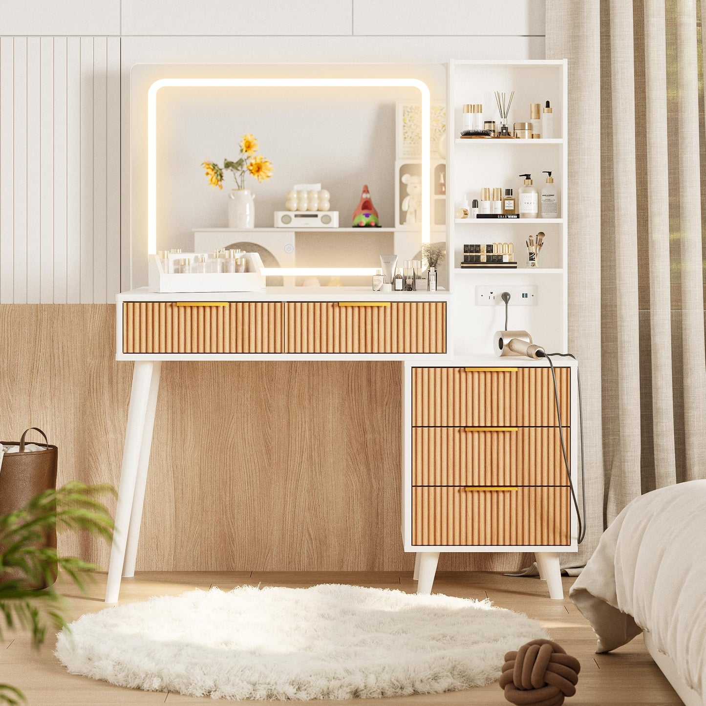 44" Vanity Desk with Mirror and Lights, Makeup Vanity Desk with Power Outlet, Makeup Desk with 5 Drawers&Storage Shelves, Vanity Table 3 Color Adjustable Brightness Dressing Table Set for Bedroom