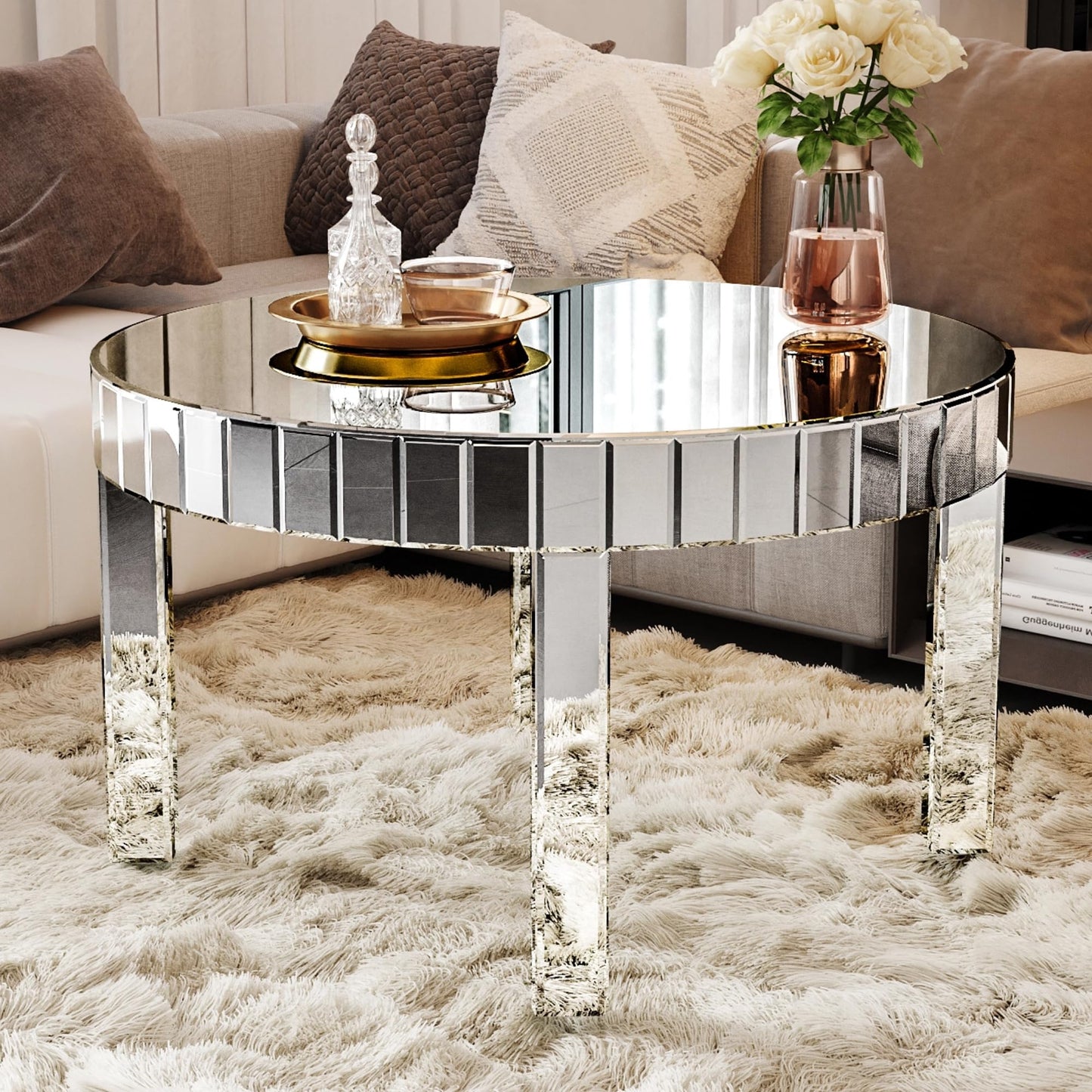 31.5in Round Mirrored Coffee Table, Wood Frame Glass Top Cocktail Coffee Table for Living Room Office, Modern Home Decor Sparkling Circular Sofa Center Table (Silver, 31.3''Lx31.3''Wx17.7''H)