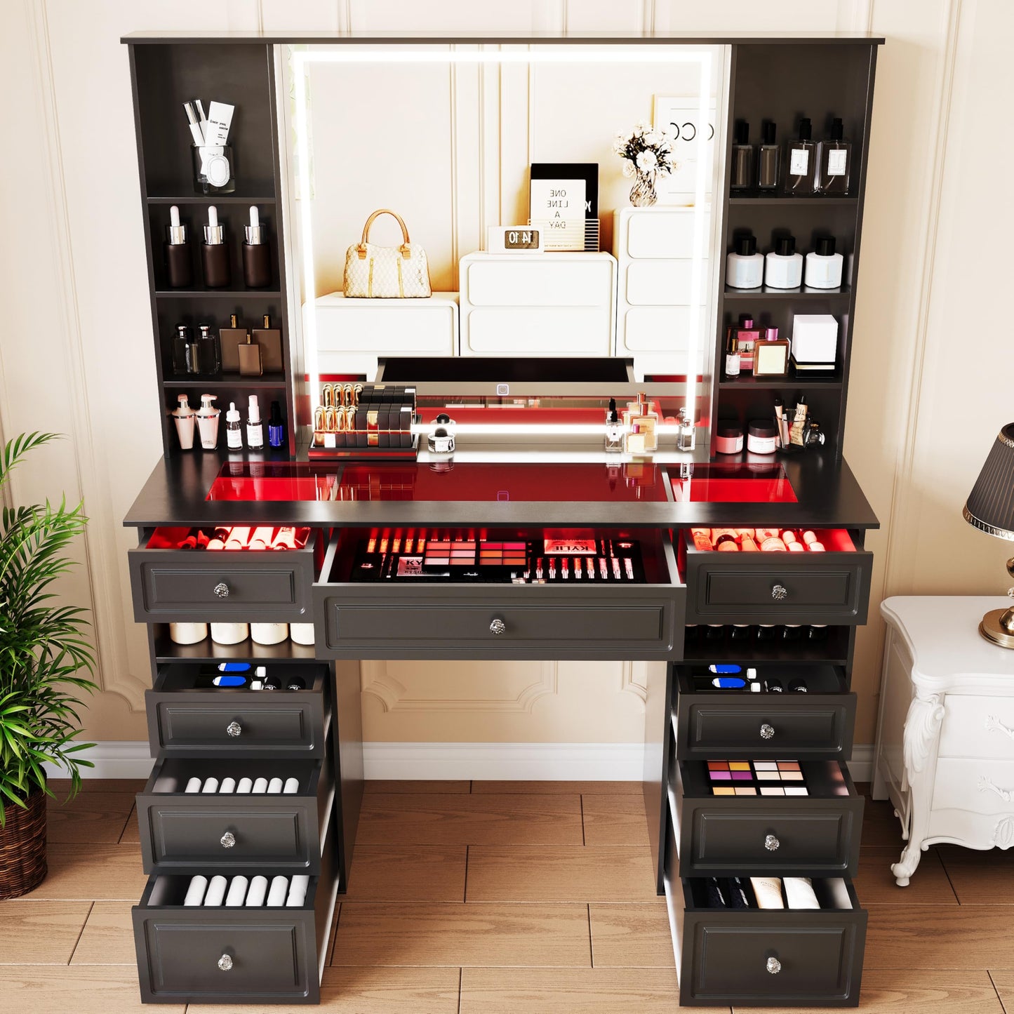 Wildhome Vanity Desk with Mirror and Light, Glass Top Dresser with 9 Drawers, Vanity Table with Storage, Dressing Table, Bedroom Makeup Desk for Women (Black-Glass Top)