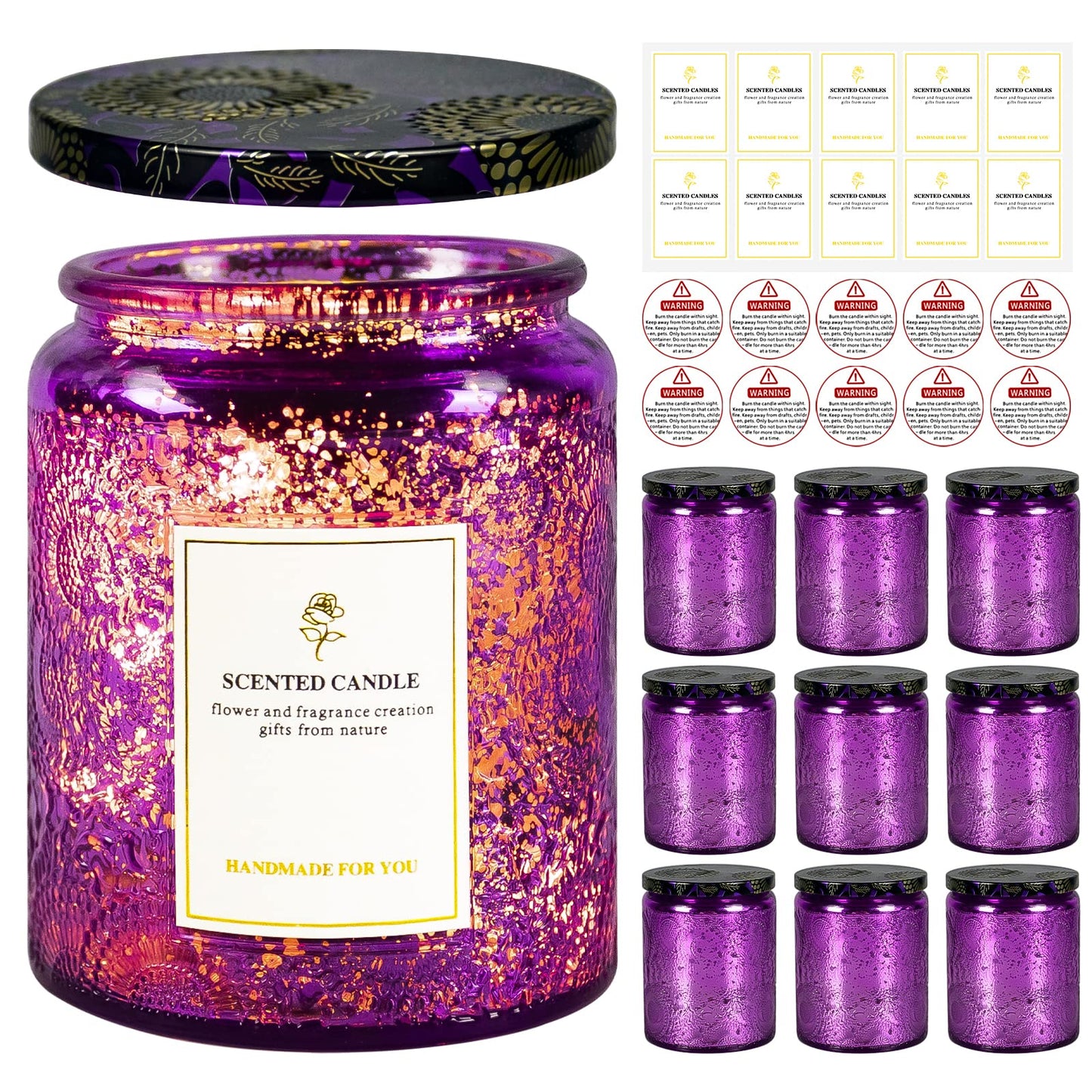 8.8oz Embossed Blinking Glass Candle Container, 9 Pack Electroplated Shining Candle Jar with Embossed Lid for Candle Making DIY Craft (Purple Embossed)