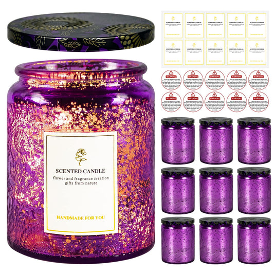 8.8oz Embossed Blinking Glass Candle Container, 9 Pack Electroplated Shining Candle Jar with Embossed Lid for Candle Making DIY Craft (Purple Embossed)