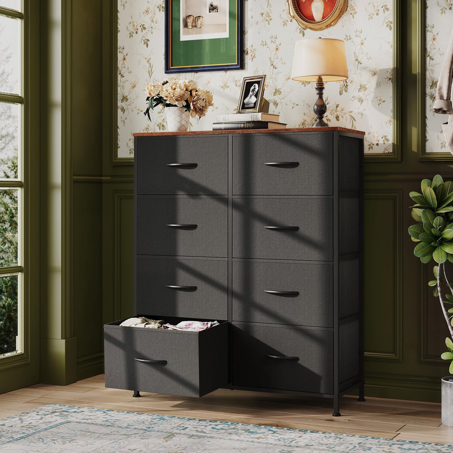 WLIVE Tall Fabric Dresser with 8 Drawers, Storage Tower with Fabric Bins, Double Dressers, Chest of Drawers for Closet, Bedroom, Living Room, Hallway, Dorm, Black and Rustic Brown
