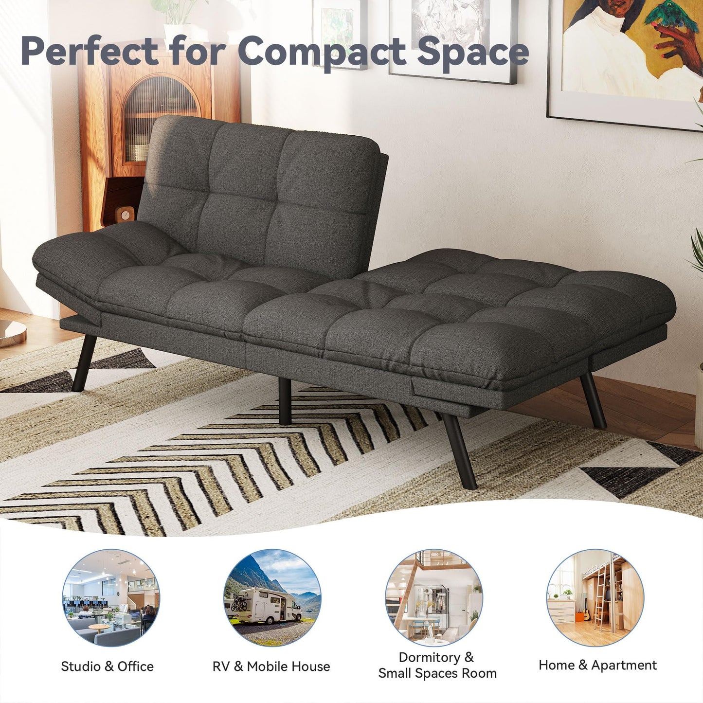 Vyfipt Convertible Futon Sofa Bed, 71" Memory Foam Futon Couch with Detachable,Adjustable Backrest,Linen Fabric Folding Small Loveseat Sleeper for for Living Room,RV,Office,Apartment,Dark Grey