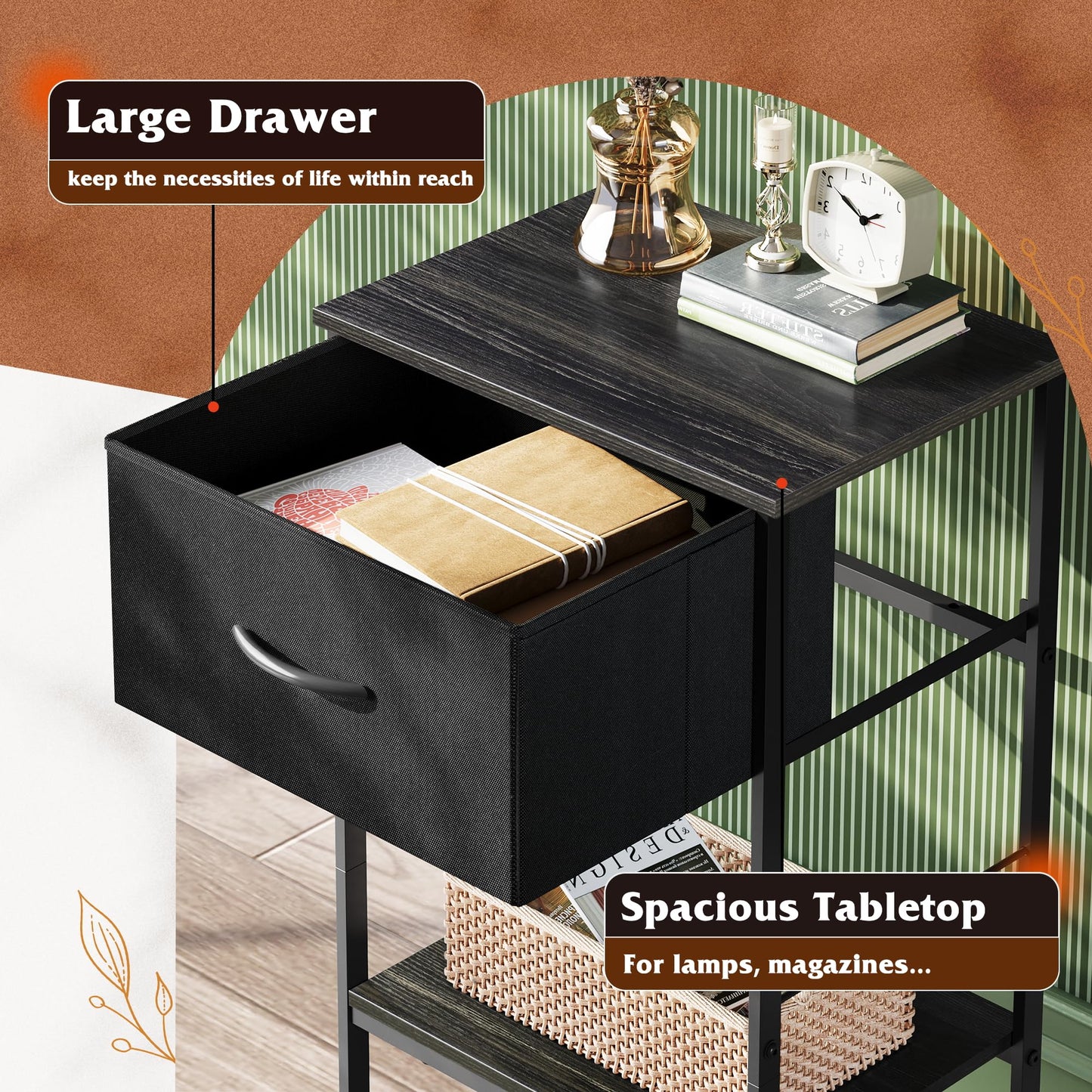 WLIVE Night Stand Set 2, Black Nightstand with Fabric Storage Drawer and Open Wood Shelf, Nightstand Set of 2 with Steel Frame, Side Table for Bedroom, Dorm, Charcoal Black, 25.03" Height
