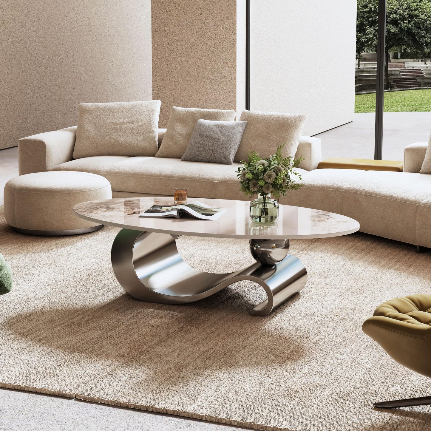 49.2" Oval Coffee Table Modern White Faux Marble Coffee Tables for Living Room Luxury Center Table Accent Cocktail Tea Table with Silver Geometric Stainless Steel Base for Home Office