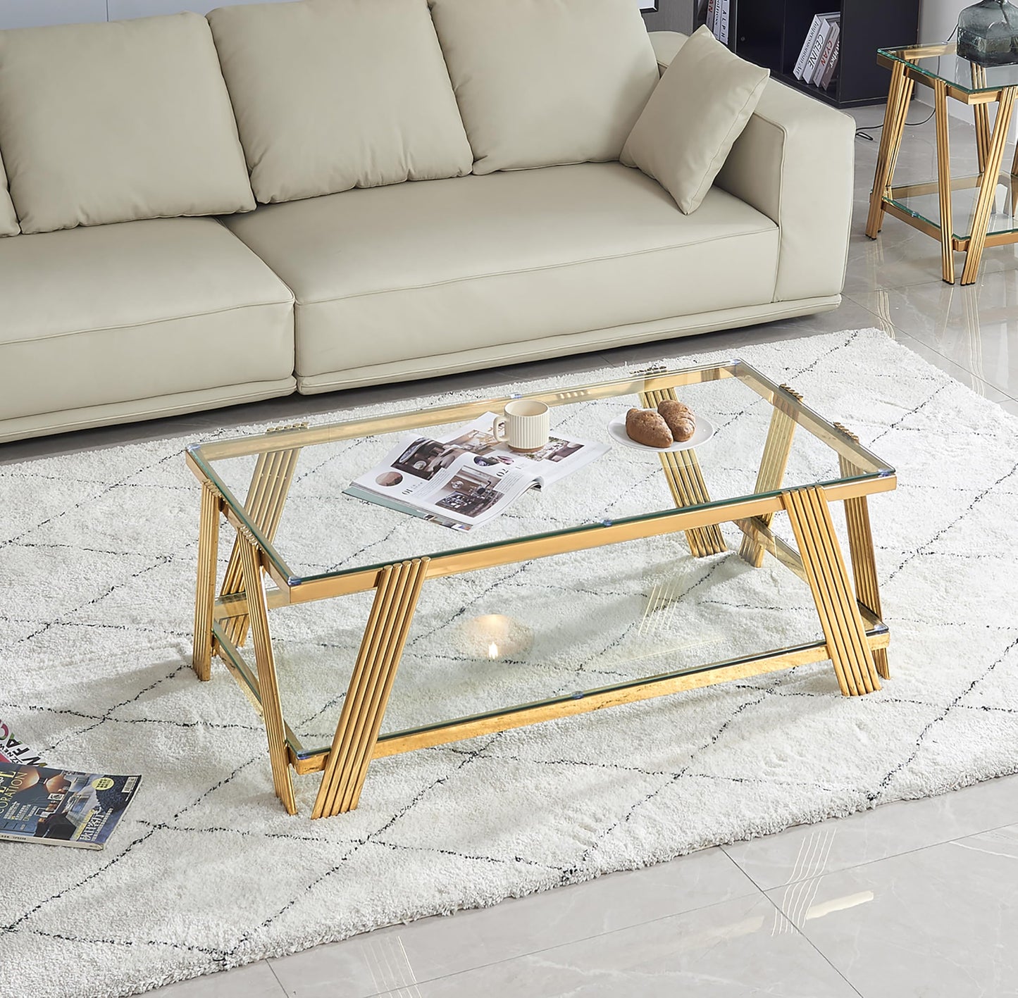 47" Modern Coffee Table, Double-Layer Clear Tempered Glass Table Top with Stainless Steel Frame, Center Table with Storage, for Living Room Home Office, Gold
