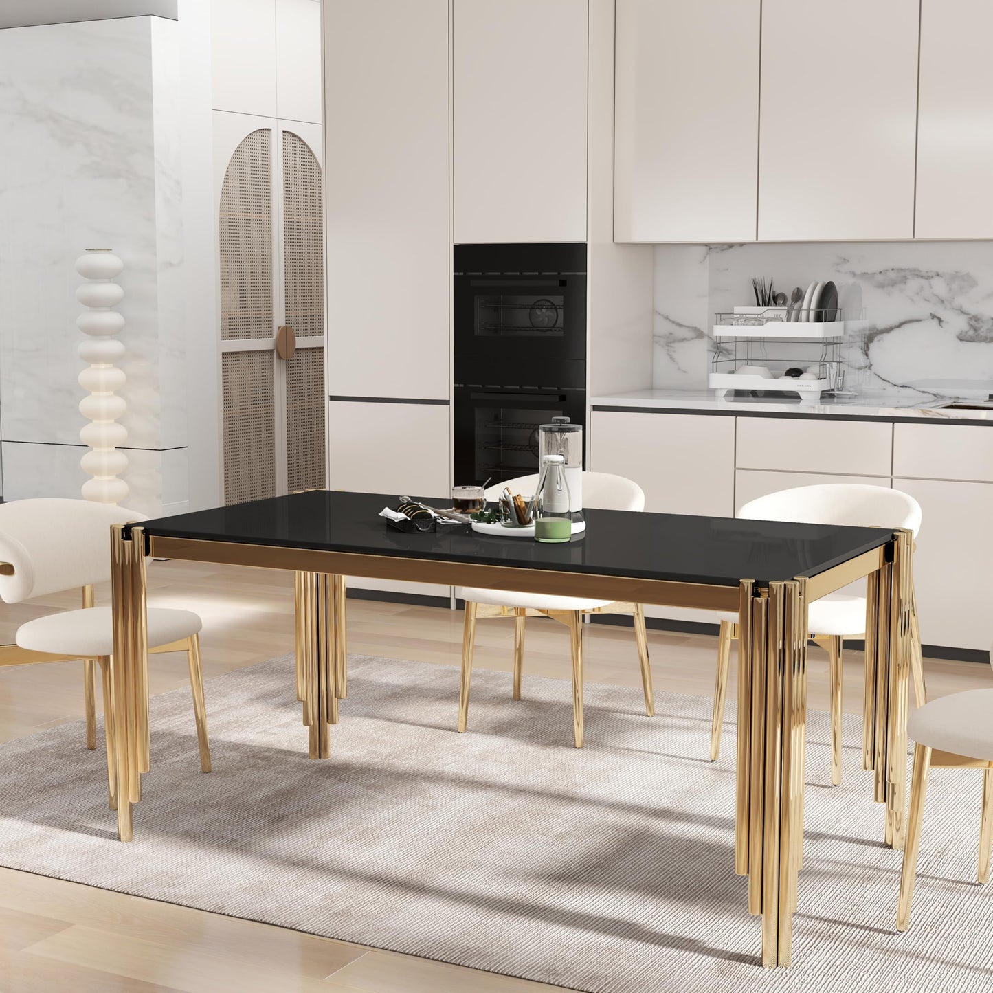 65" Glass Dining Table,Black Tempered Glass Kitchen Tabe with Gold Legs,Golden Dinner Table for 4-6,Rectanglar Modern Dining Table for Apartment,Dining &Kitchen Room(Table Only)