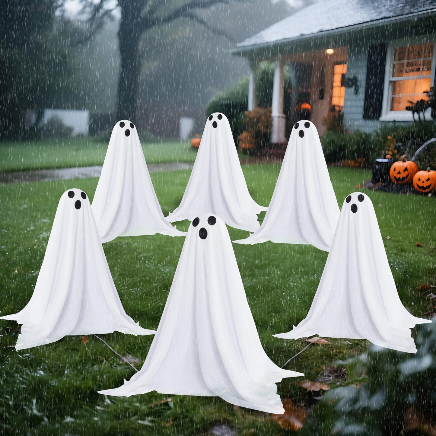 JOYIN 6 Pcs Halloween Decorations Outdoor Ghosts Pathway Lights, 18” White Light Up Cloth Ghost with Yard Stakes for Graveyard Yard Lawn Garden Prop, Party Decor Supplies