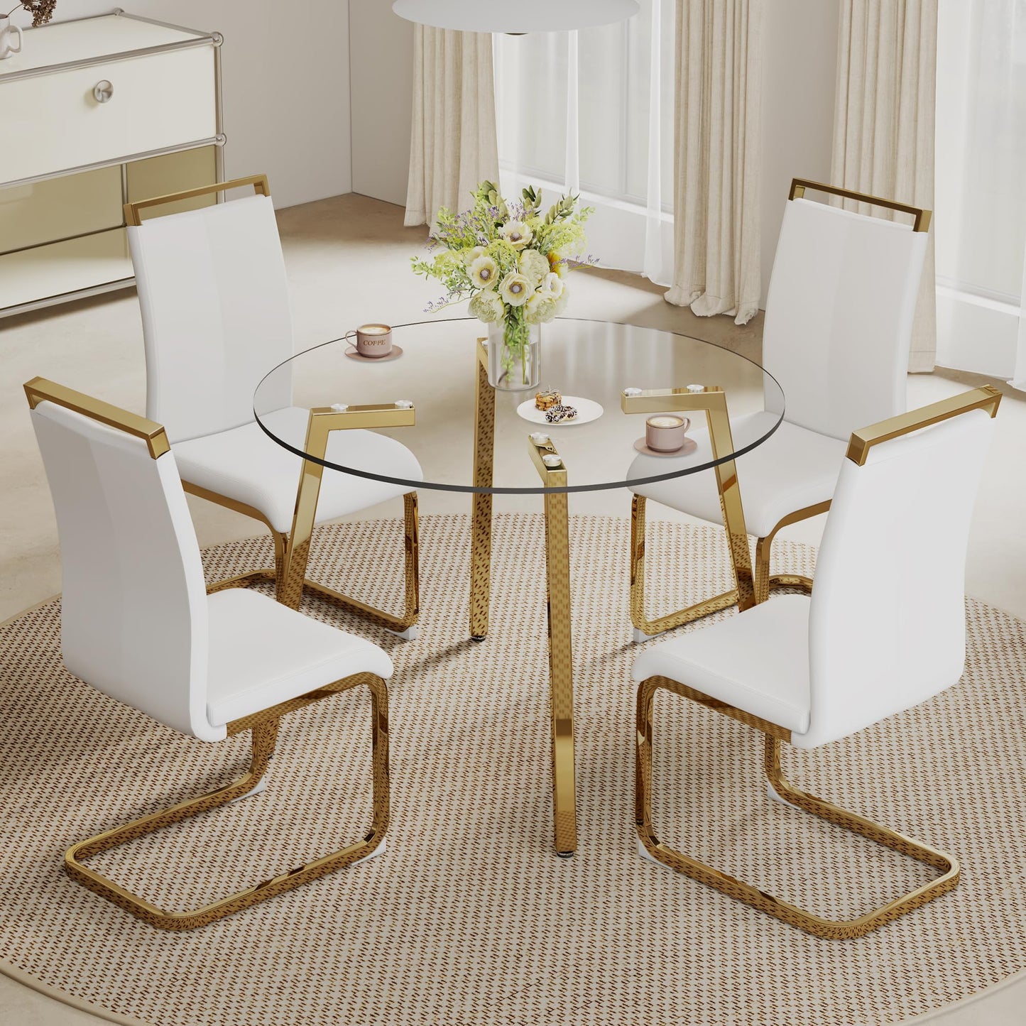 42”Round Dining Table Set for 4,Tempered Glass Table Top with 4 Luxury Golden Metal Legs,Small Kitchen Room Table with 4 Grey Armless Chairs,Space-Saving Breakfast Nook Table Set for 4,Dinette