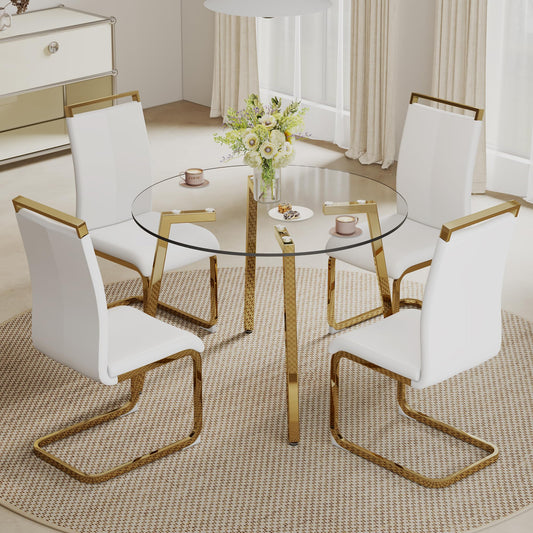 42”Round Dining Table Set for 4,Tempered Glass Table Top with 4 Luxury Golden Metal Legs,Small Kitchen Room Table with 4 Grey Armless Chairs,Space-Saving Breakfast Nook Table Set for 4,Dinette