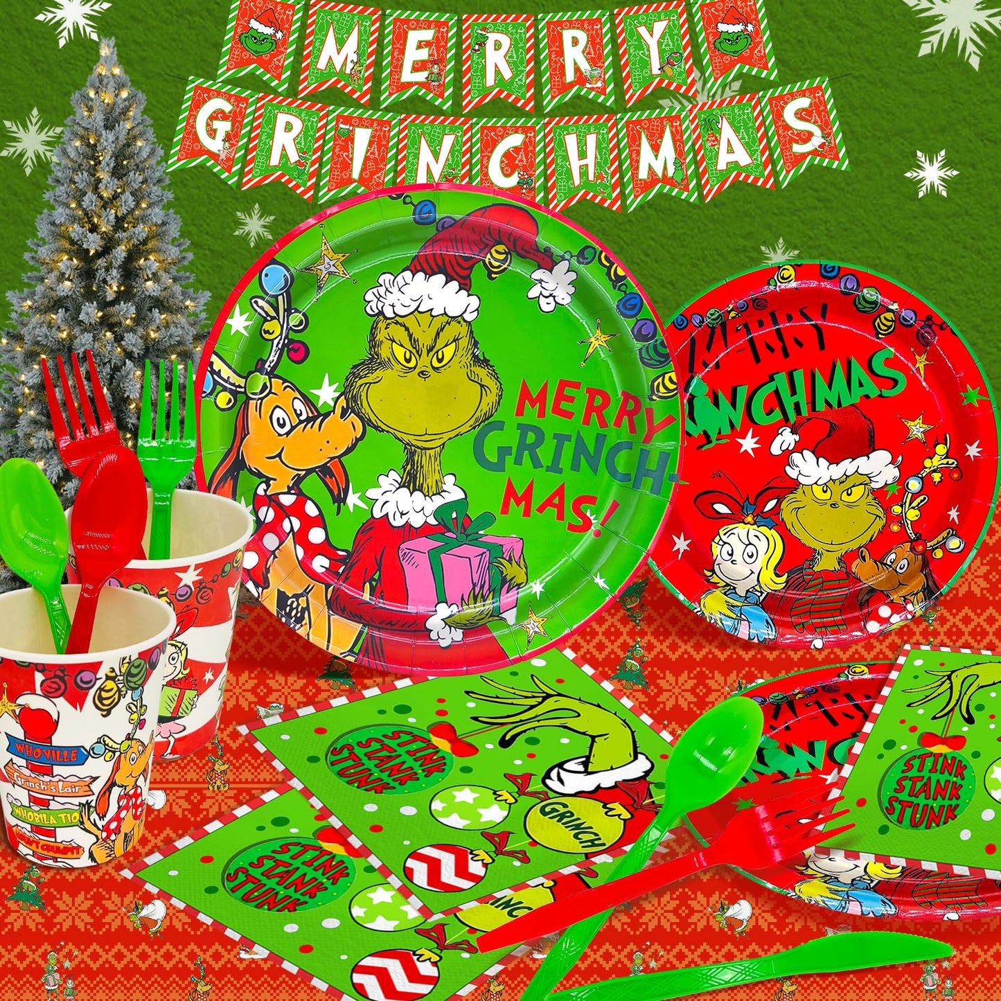 185Pcs Christmas Party Supplies Tableware Set - Merry Christmas Decorations Plates and Napkins for Happy Holidays Party Decorations