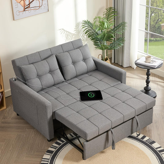 52" Sleeper Sofa with Pull-Out Bed, 3-in-1 Convertible Sofa Bed, Loveseat with Stepless Adjustable Backrest and Side Pocket, for Living Room Dorm Apartment, Linen, Light Gray