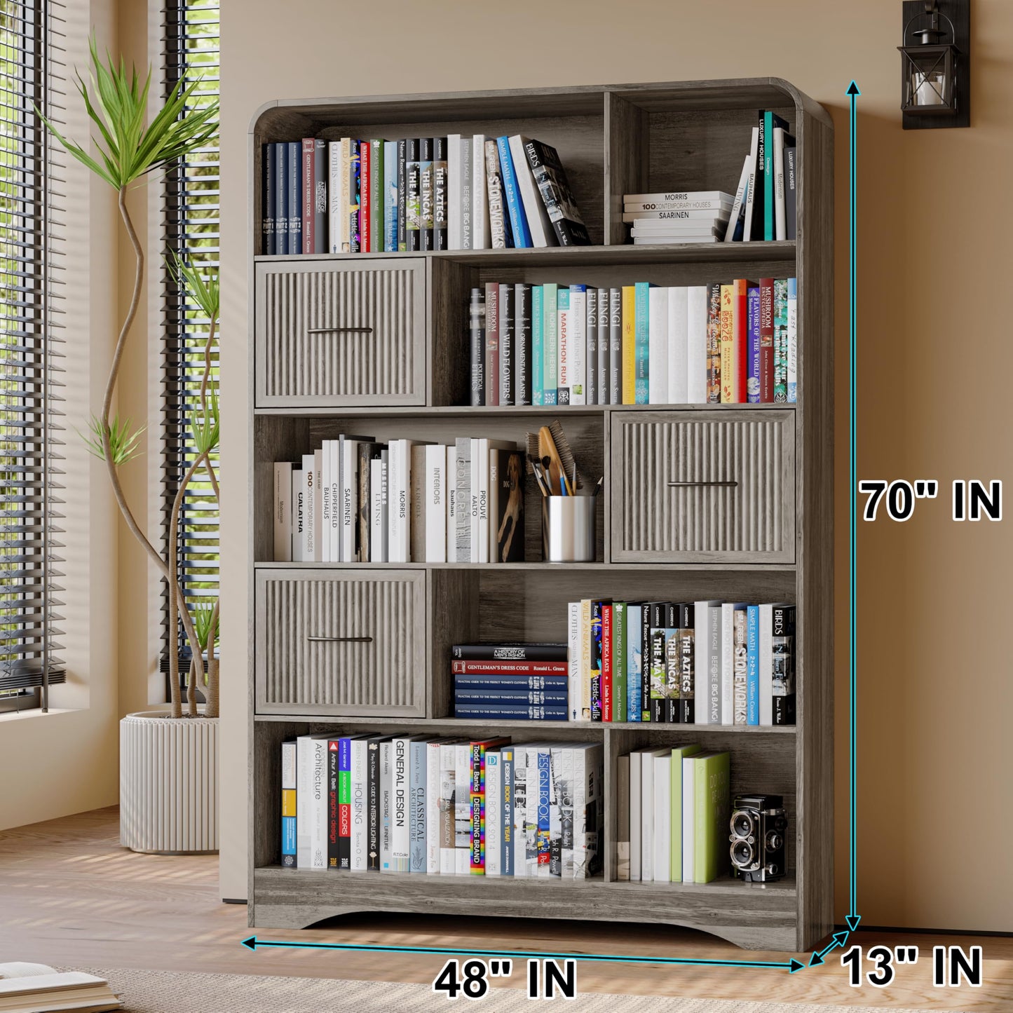 70" Book Shelf and Bookcase, Tall Bookshelf with Drawers, 48" Wide Modern 5 Tier Bookcase with 3 Bins Storage, Large Wood Display Cabinet with Adjustable Bin Storage for Living Room, Home Office, Grey