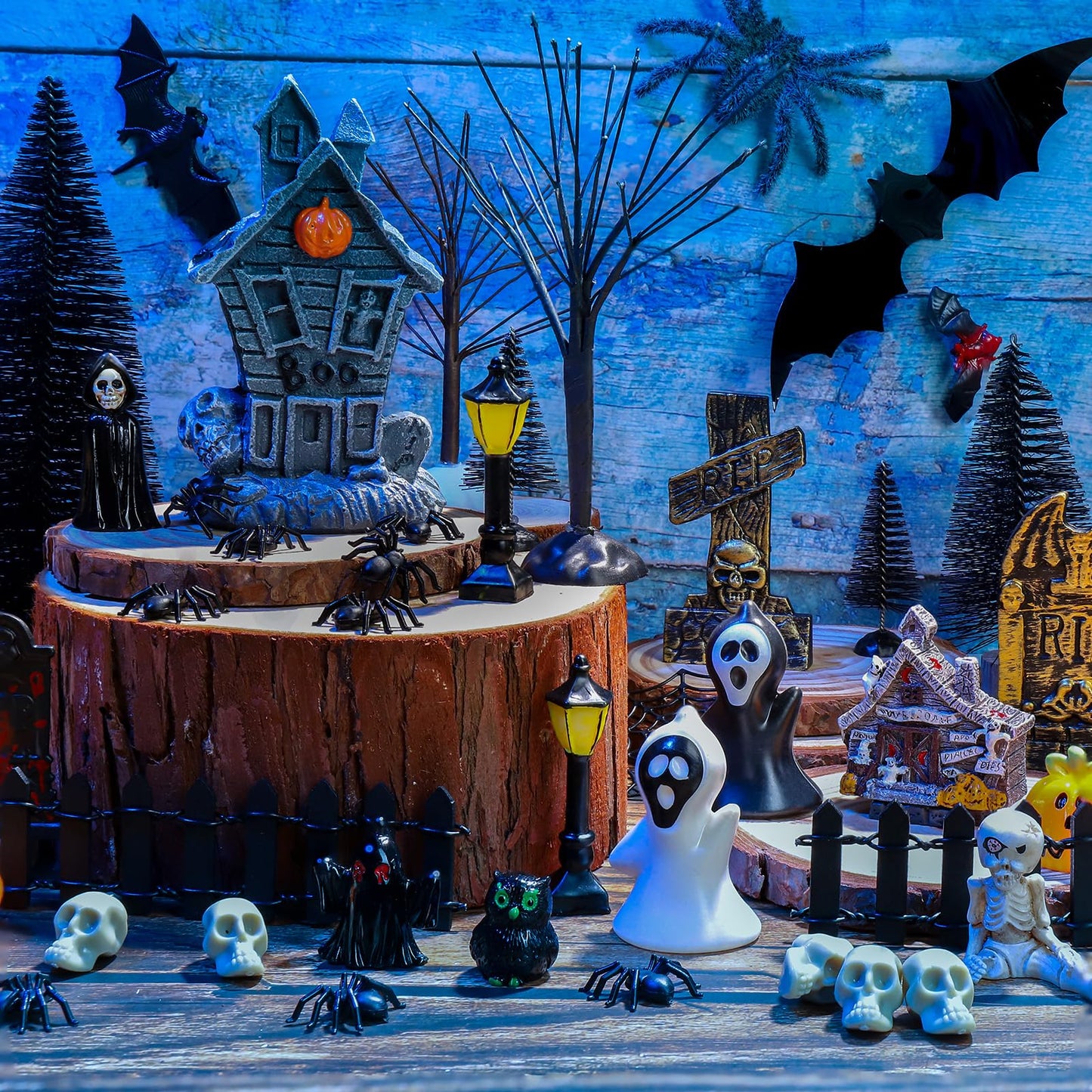 88 PCS Halloween Village Accessories Set Halloween Haunted Houses Village Miniatures Ornaments with Pumpkins Ghost Tombstones Tree Fake Spiders Fence Streetlamp Figurines for Party Home Table Decor
