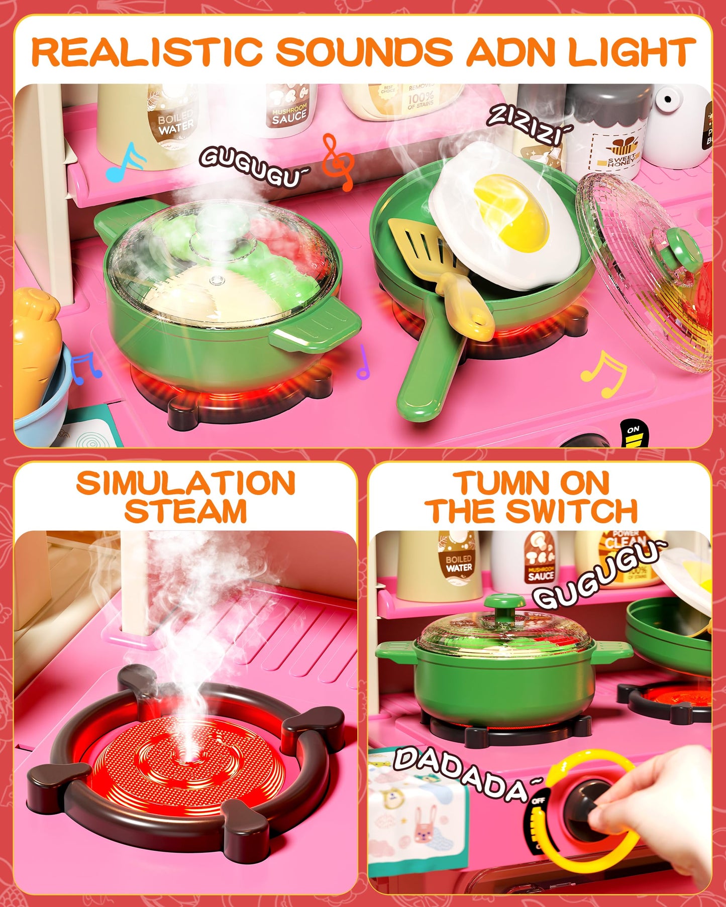 33.8IN Kids Kitchen Playset, 63 PCS Kid Play Kitchen with Realistic Lights & Sounds, Spray Sink Toy Kitchen Accessories, Pretend Food Toys Kitchen for Boys Girls Toddlers(Pink)