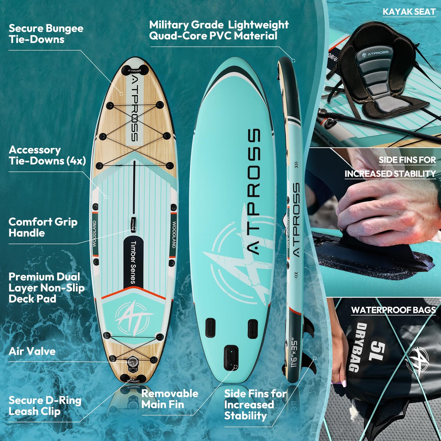 11'6"x35" Inflatable Stand Up Paddle Board 450LBS Weight Capacity Extra Wide Non-Slip Stable Deck Adult SUP with Kayak Seat, Premium Accessories Kit & Backpack – for Yoga, Fishing, Surf Blue