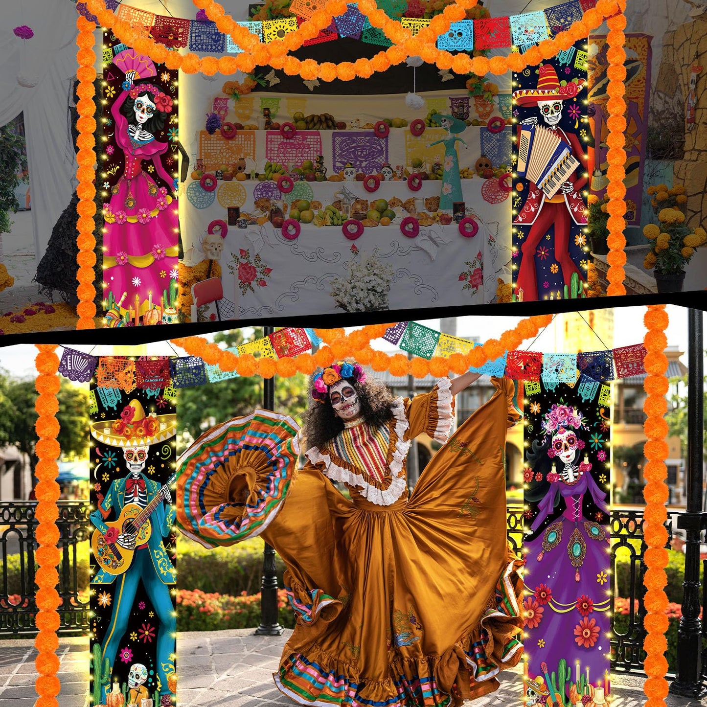 VitalCozy 10 Pcs Day of The Dead Decorations Dia De Los Muertos Porch Sign Banners with LED Lights Halloween Sugar Skull Decor Mexico Dia De Los Muertos Altar Backdrop Papel Picado Marigold Garland