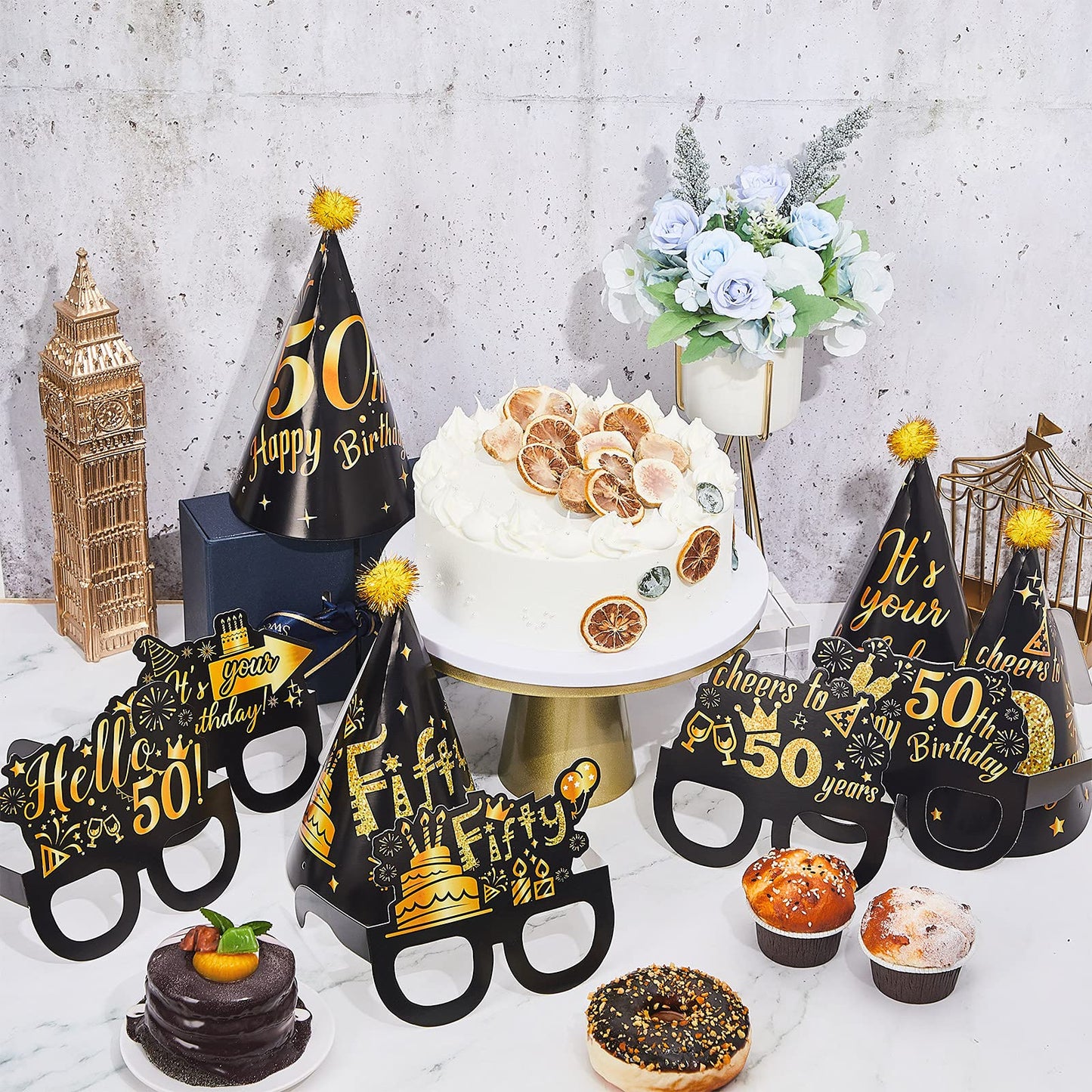 26 Pieces 50th Birthday Party Decoration Glasses and Hats Kits Black Gold Theme Paper Eyeglasses and Hats Funny Glasses and Hats Costume Accessories 50th Birthday Party Supplies for Men and Women