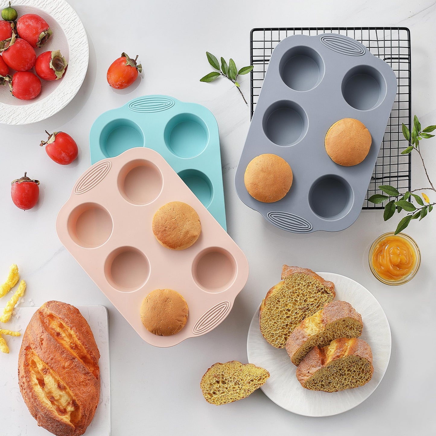 XZZWLL Silicone Muffin Pan, Food Grade Silicone Cupcake Molds for Baking Muffins and Cupcakes, 6-Cup Nonstick Cupcake Pan, Easy Cleaning and BPA-Free (Gray, Orange, Blue)